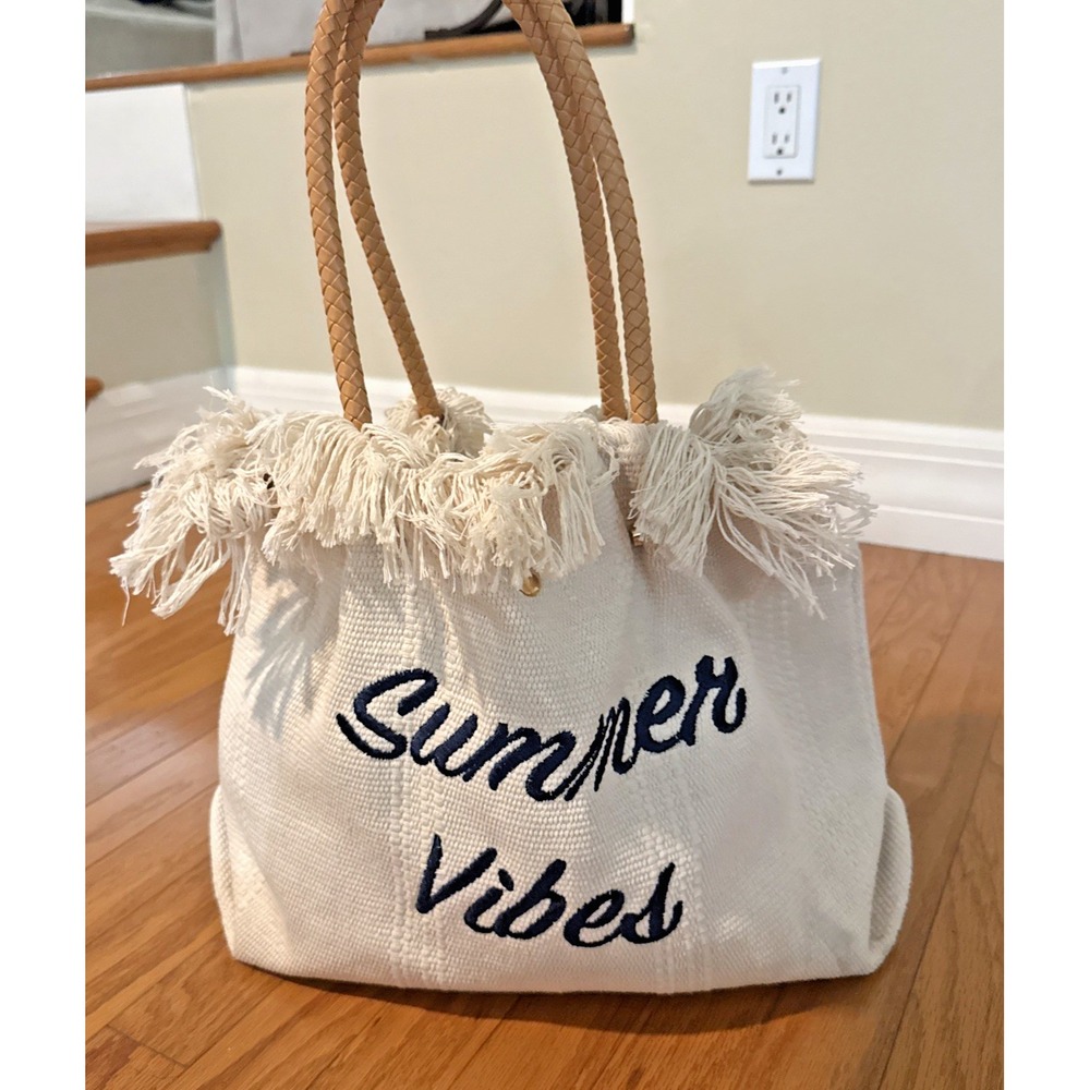 Ivory Beach Tote Bag "Summer Vibes" Embroidered Fringe Shoulder Bag Beach Cruise